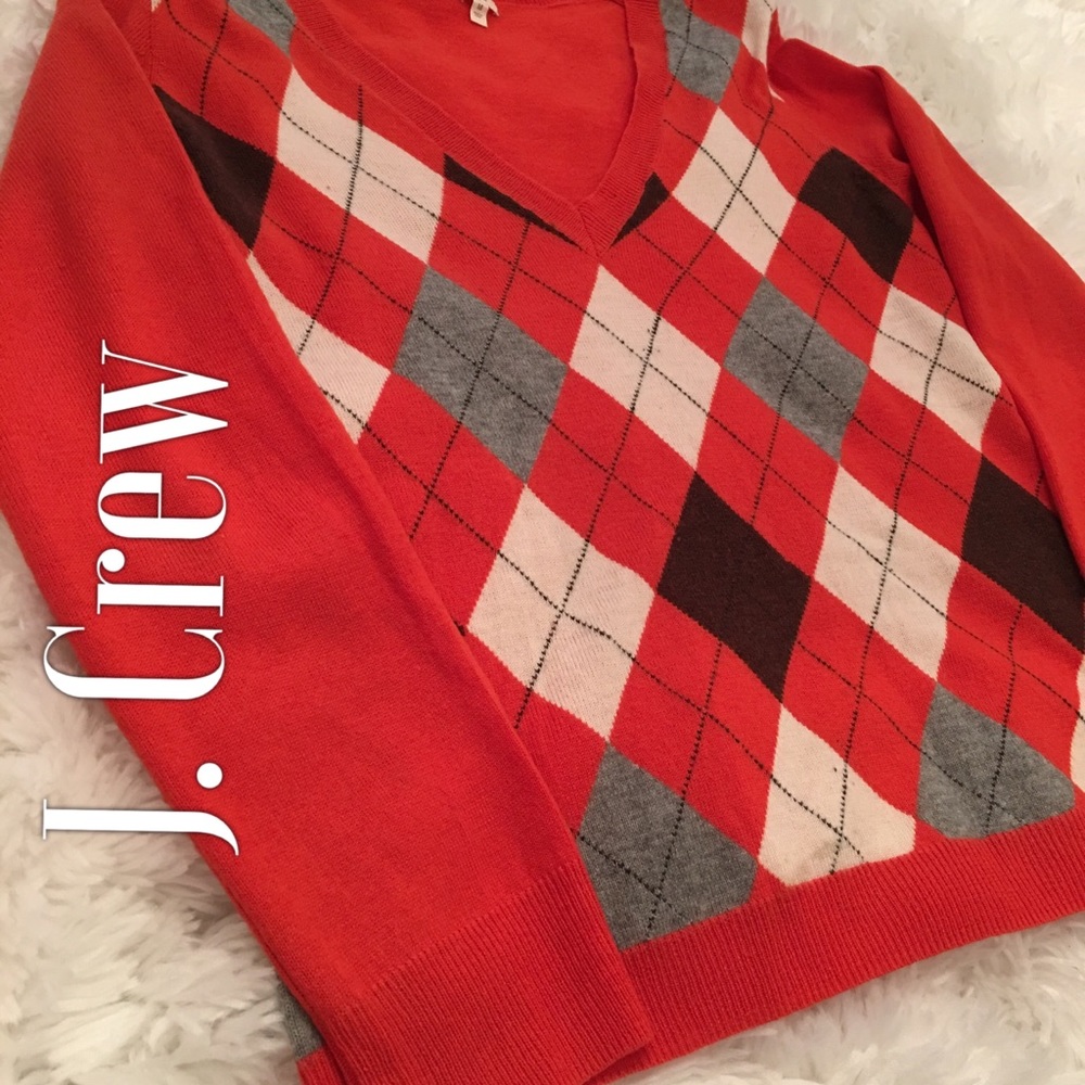 J. Crew Orange Argyle V-Neck Wool Blend Sweater